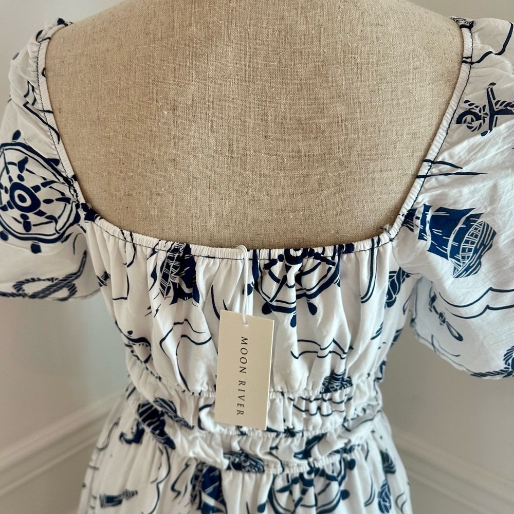 Tuckernuck’s Moon River Nautical Puff Sleeve Midi Dress XS 100% Cotton - Picture 3 of 11